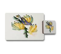 Benjamin Tate Design Placemat And Coaster Set Of 12 With Bananas And Blue Bird Artwork Wood Bottom Limited Edition