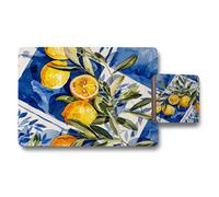 Benjamin Tate Design Placemat And Coaster Set With Designer Artwork Blue Citrus Motif Wood Bottom Limited Edition