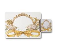Benjamin Tate Design Placemat And Coaster Set With Gold Ribbon Floral Frame Wood Bottom Luxury Artwork Collection Exclusive Edition
