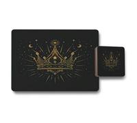 Benjamin Tate Design Placemat Coaster Set Gold Crown Print In Black Designer Artwork With Wood Base Limited Edition