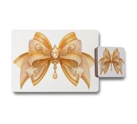 Benjamin Tate Design Placemat Coaster Set Gold Ribbon Bow Design From Luxury Print Collection With Wood Base Exclusive
