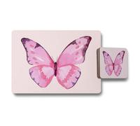 Benjamin Tate Design Placemat Coaster Set Pink Butterfly Design On Wood Bottom With Premium Print Technology Exclusive Limited Edition