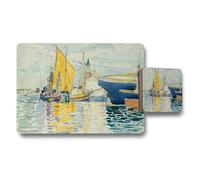 Benjamin Tate Design Placemat Coaster Set With Harbor Boat Scene Art Print