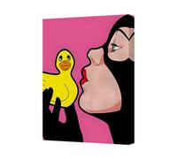 Benjamin Tate Design Pop Art Woman Blowing Kiss With Duck Canvas Art Print Pink Background