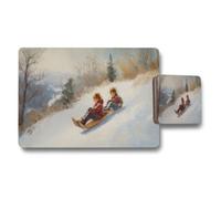 Benjamin Tate Design Premium Art Placemat And Coaster Set Featuring Winter Landscape Print On Wood Base