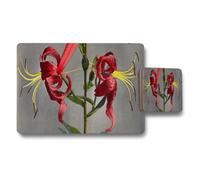 Benjamin Tate Design Red Lily Floral Placemat And Coaster Set With Gray Background