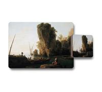 Benjamin Tate Design Seascape Placemat And Coaster Set With Rocky Cliffs And Boats
