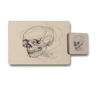 Benjamin Tate Design Skull Sketch Placemats And Coasters Set In Wood Bottom Finish High End Print Artwork Exclusive Collection