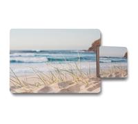 Benjamin Tate Design sunrise light on white sand beach w/ dune grass in australia w/ turquoise surf waves of the pacific ocean placemat coaster set Benjamin Tate Design Natural