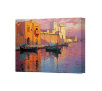 Benjamin Tate Design Sunset Harbor Canvas Painting With Boats In Warm Waterfront Scene