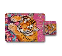 Benjamin Tate Design Tiger Portrait Placemats And Coasters Set, Designer Print Collection, Wood Base, Exclusive Art Edition