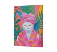Benjamin Tate Design Tropical Cat Portrait On Canvas Pink Robe Wall Art