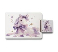 Benjamin Tate Design Unicorn Designer Placemat And Coaster Set, Premium Art Print, Wood Backing, Limited Edition