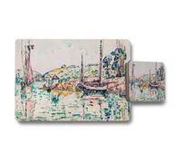 Benjamin Tate Design Watercolor Harbor Boat Scene Placemat And Coaster Set