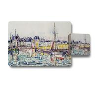 Benjamin Tate Design Watercolor Harbor Boats Placemat And Coaster Set For Dining Table Decor