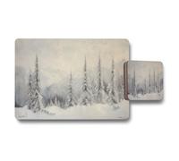 Benjamin Tate Design Winter Forest Designer Artwork Placemat And Coaster Set Limited Edition With Wood Backing And High End Print Technology