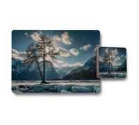 Benjamin Tate Design Winter Mountain Landscape Placemat And Coaster Set With Lone Tree