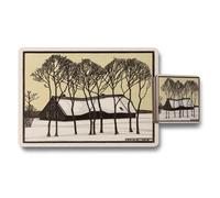 Benjamin Tate Design Winter Scene Placemat And Coaster Set With Tree Line House Design