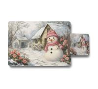 Benjamin Tate Design Winter Snowman Placemats And Coaster Set With Cozy Snowy Scene