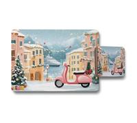 Benjamin Tate Design Winter Village Christmas Placemat And Coaster Set With Pink Scooter Decor
