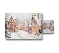 Benjamin Tate Design Winter Wonderland Pink Village Placemat And Coaster Set