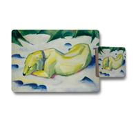 Benjamin Tate Design Yellow Green Sleeping Dog On Snow Placemats And Coasters Set