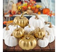 Benjia 16pcs Pumpkin Autumn Decorations, Decorative Large Small Outdoor White and Gold Foam Plastic Fake Faux Artificial Pumpkins for Halloween Fall Harvest Festival Home Table Decor