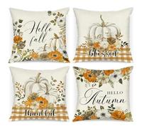 Benjia 40x40 Autumn Cushion Covers Set of 4, HELLO Autumn Pumpkin Decorative Holiday 16 x 16 Inch Fall Throw Pillow Covers Thanksgiving Pillow Case for Indoor Home Bedroom Sofa Decor 40 x 40 cm Orange