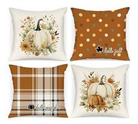 Benjia 45x45 Autumn Cushion Covers Set of 4, Watercolor pumpkin brown checkered Decorative 18 x 18 Inch Fall Throw Pillow Covers Thanksgiving Pillow Case for Indoor Home Bedroom Couch Decor 45 x 45 cm