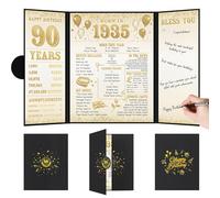 Benjia 90th Birthday Guest Signature Book for Women Men, Born in 1935 UK Guestbook Gift, 90 Years Old Bday Sign in Board Certificate Card, Black Gold Birthday Decorations for Mum Dad Party Supply