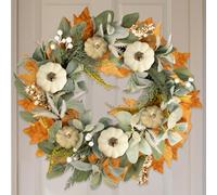 Benjia Fall Wreaths Front Door Decor, Hellow fall Autumn White Pumpkin Harvest Thanksgiving Wreath Reef Outside Outdoor Indoor Farmhouse Home Door Decorations 18 inch /45cm