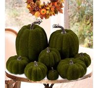 Benjia Flocked Artificial Pumpkins Fall Decorations, Fake Pumpkin for Autumn Harvest Halloween Thanksgivingr Faux Pumpkins Home Table Decor (8 Pcs, Green)