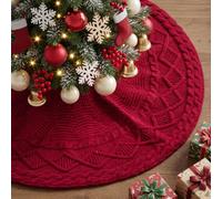 Benjia Knitted Christmas Tree Skirt 60cm, Diamond Cable Knit Xmas Tree Skirt Vintage Xmas Tree Mat for Small Mini Pencil Slim Artificial Trees Home Party Holiday Rustic Christmas Decor (Red, 24 inch)