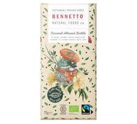 Bennetto | Caramel Almond Brittle | Crunchy caramel pieces made with almonds in creamy Organic Mylk chocolate. Certified organic, Fairtrade, and net climate positive. 1 x 75g Bar