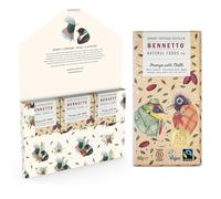 Bennetto Orange with Chilli. Dark chocolate with orange zest and a hint of chilli. 60% cocoa. Certified organic, Fairtrade, and net climate positive. 6 x 80g Bars.