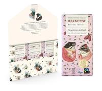 Bennetto Raspberries in Dark. Tangy raspberry pieces in rich dark chocolate. 60% cocoa. Certified organic, Fairtrade, and net climate positive. 3 x 80g Bars