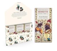 Bennetto Toasted Hazelnut. Dark organic chocolate with crunchy toasted hazelnuts. 60% cocoa. Certified organic, Fairtrade, and net climate positive. 6 x 80g Bars.