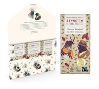 Bennetto Toasted Hazelnut. Dark organic chocolate with crunchy toasted hazelnuts. 60% cocoa. Certified organic, Fairtrade, and net climate positive. 3 x 80g Bars