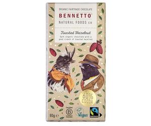 BENNETTO | Toasted Hazelnut | Dark organic chocolate with crunchy toasted hazelnuts. 60% cocoa. Certified organic, Fairtrade, and net climate positive. 1x 80g Bar