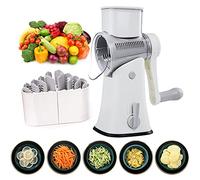 BenRich 5 in 1 Rotary Cheese Grater, Kitchen Vegetable Slicer Shredder with 5 Interchangeable Blades, Comfort Handle & Suction Base, Dishwasher Safe Food Prep Tool for Home Cooking, White