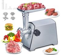 BenRich Electric Meat Grinder Sausage Stuffer, Powerful 2800W Copper Motor, Heavy-Duty Meat Mincer with 3 Cutting Plates, Kibbe Attachment, Stainless Steel Body, Easy to Assemble and Clean, Silver