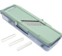 Benriner BN-3GR Japanese Handheld Mandolin Slicer with Three Interchangeable Stainless-Steel Blades-Ivory, Vegetable Fruit Cutter Peeler, Stainless Steel, Green, Catch Tray