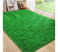 BENRON Living Room Area Rug - 4x6 Green Fluffy Faux Fur Shag Rug for Bedroom, Kids Room - Anti-Slip Memory Foam Backing
