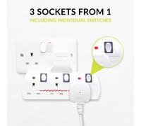 Benross 45610 Premium 3-Way Wall Adaptor Socket with Individual Switches & Surge Protection (UK Plug)
