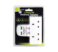 Benross 45600 Standard 2 Way Wall Adaptor Socket/Includes 2 USB Slots/Surge Protected / 1 Amp USB Charging Current/Compact & Lightweight Design/UK Plug Sockets