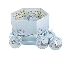 BENROSS The Christmas Workshop 82780 14-Pack Frosted Snow Village Design Decoupage Baubles Christmas Decorations Gift Boxed 7.5cm Blue & White Christmas Tree Decorations