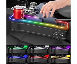 BeNsil Car Leather Cup Holder Gap Bag, Custom LED Seat Gap Storage Box with Car Logo, Adjustable Car Seat Storage Box, LED Leather Car Seat Gap Organizer, for Glasses Phones Keys and Cards