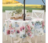 Benson Mills Spillproof Spring/Summer Heavyweight Fabric Outdoor Tablecloth with Umbrella Hole, Zippered Table Cloth for Round Tables, Picnic/Patio Table (70" Round with Umbrella Hole, Pamona)