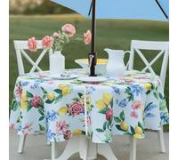 Benson Mills Spillproof Spring/Summer Heavyweight Fabric Outdoor Tablecloth with Umbrella Hole, Zippered Table Cloth for Round Tables, Picnic/Patio Table (70" Round with Umbrella Hole, Lemon Bouquet)