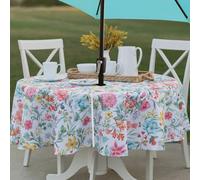 Benson Mills Spillproof Spring/Summer Heavyweight Fabric Outdoor Tablecloth with Umbrella Hole, Zippered Table Cloth for Round Tables, Picnic/Patio Table (70" Round with Umbrella Hole, Jillian)